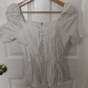 TCEC White Puff-Sleeve Peplum Blouse with Front Buttons Small